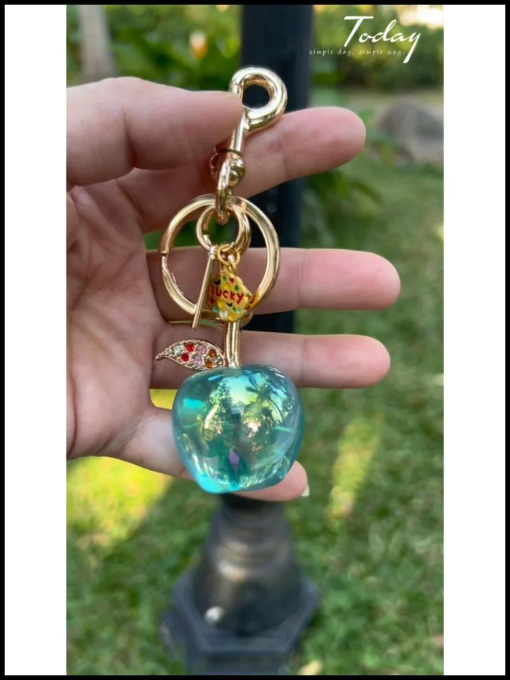 Sparkly Green Apple Purse Charm, Gold Hardware Keychain